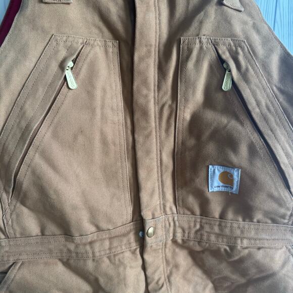 Carhartt Dungarees 42x32 Tan Overalls Quilted Duck Bib Double Knee Distressed - Picture 2 of 10